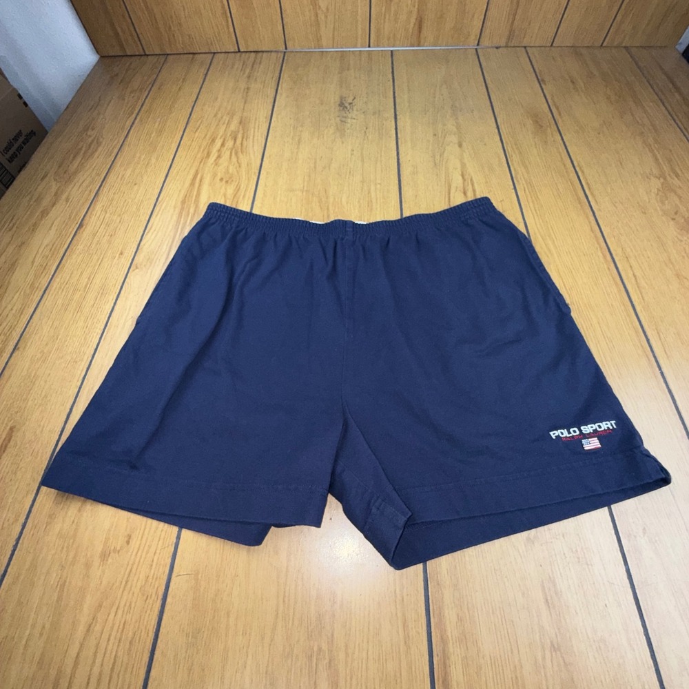 Vintage Polo Sport Ralph Lauren Navy Blue Cotton Jersey Shorts XL Mens 90s